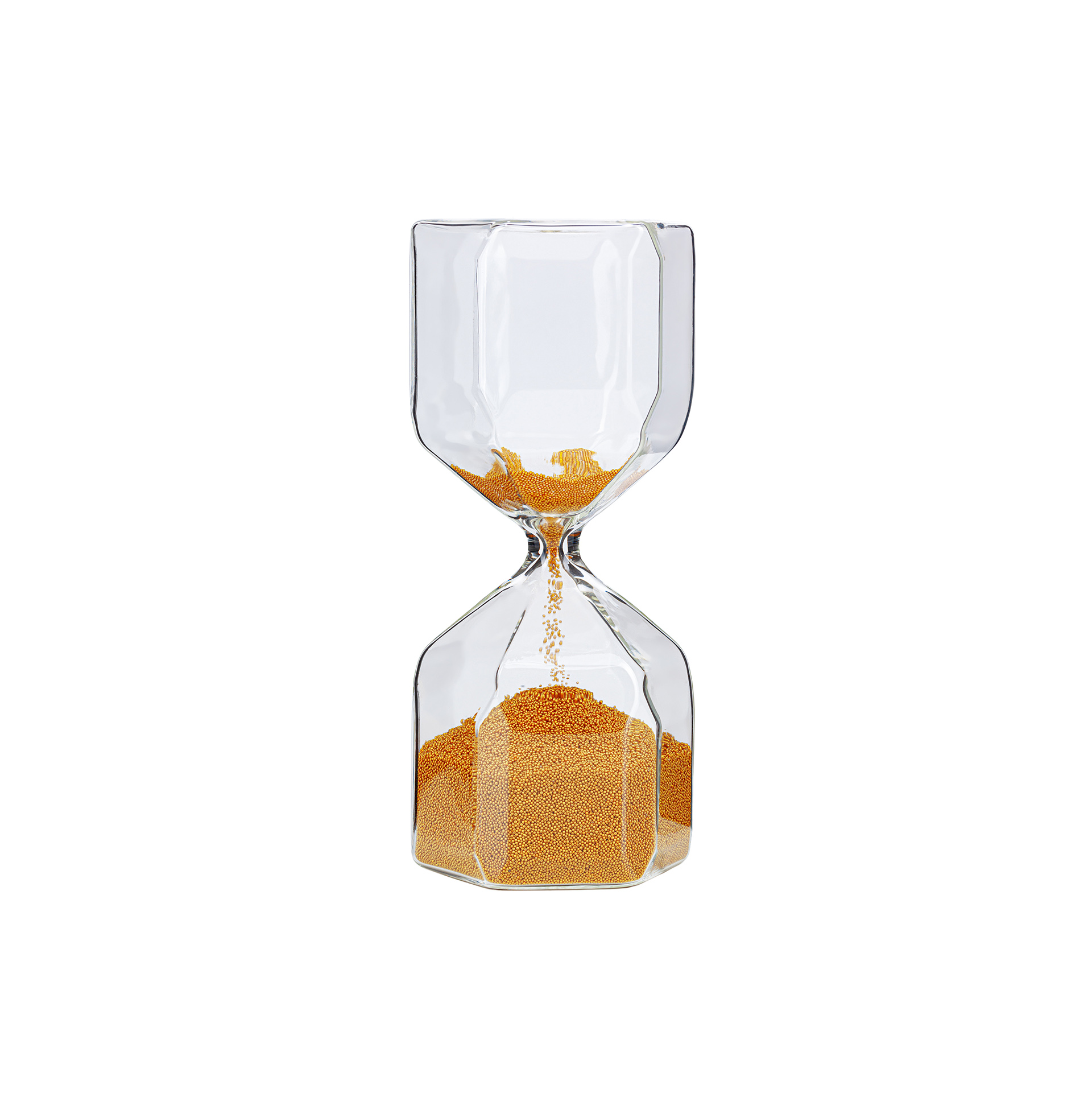 an hour glass with most of the sand already fallen through