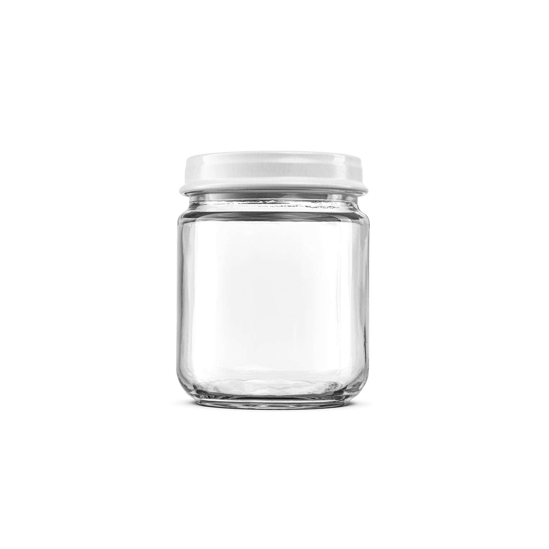 empty glass jar with a white lid on top